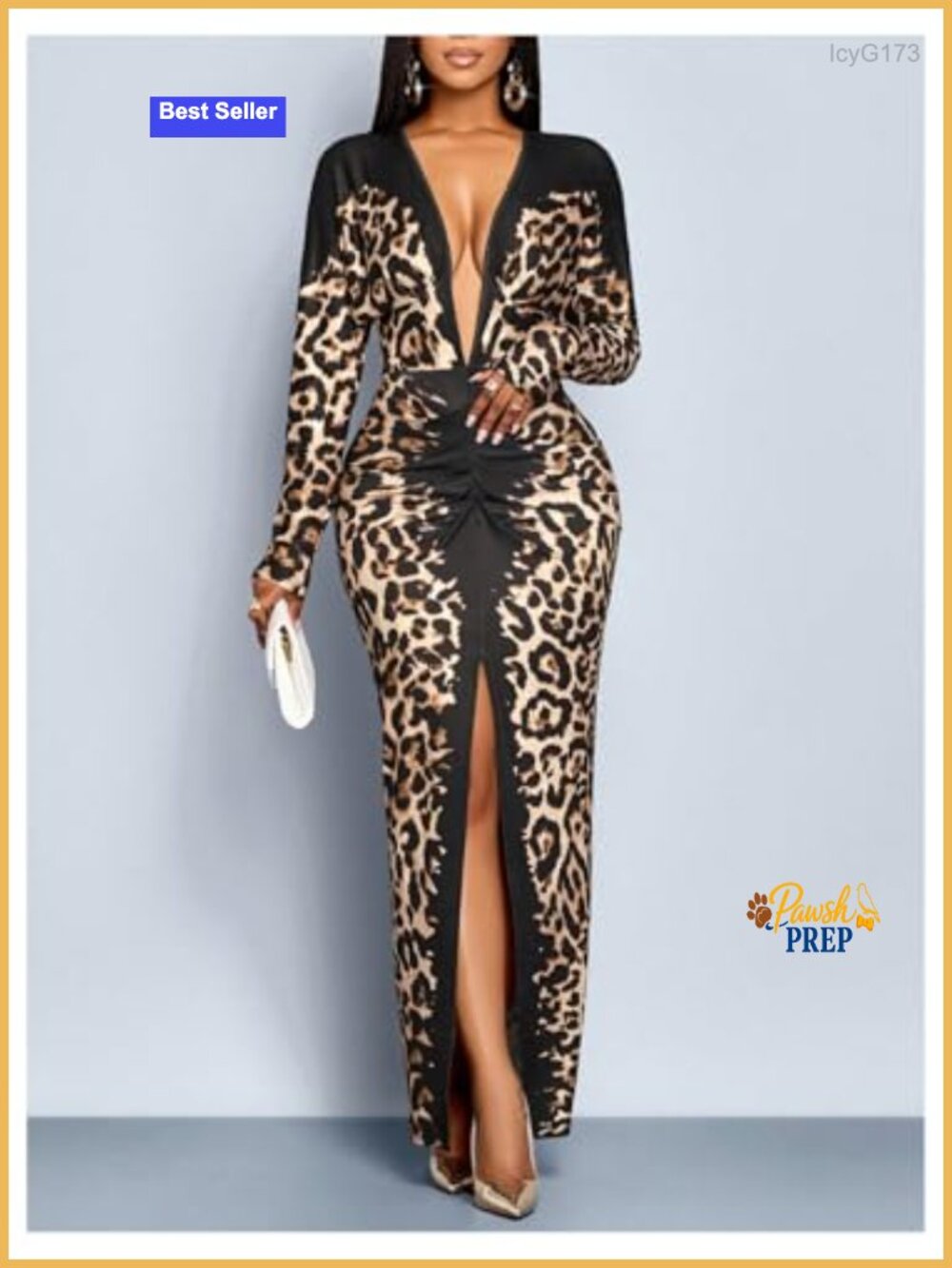 Leopard Print Maxi Dress Bodycon Long Sleeve V-Neck Slit Party - Picture 4 of 4